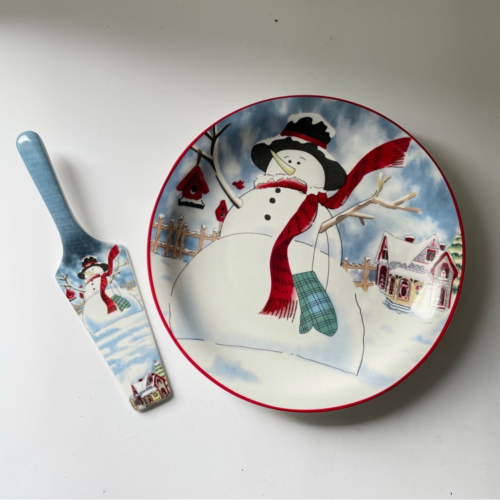 Y2K Cottagecore Ceramic Snowman Cake Plate Server Set Holiday Platter Christmas